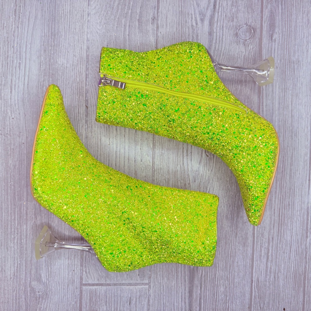 Glitter lemonade yellow / gold holographic ankle boots lucite heel size 7 shoes